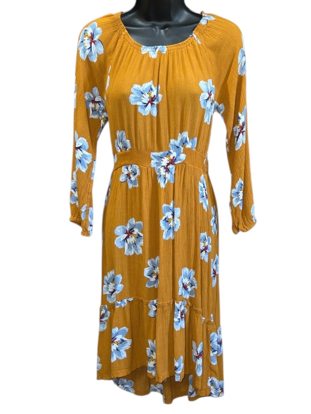 Old Navy Mustard Midi Dress with Blue Floral Print